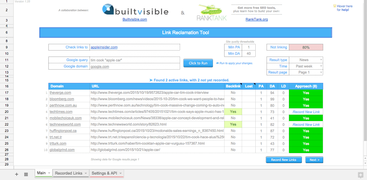 Free link reclamation SEO tool news results complete