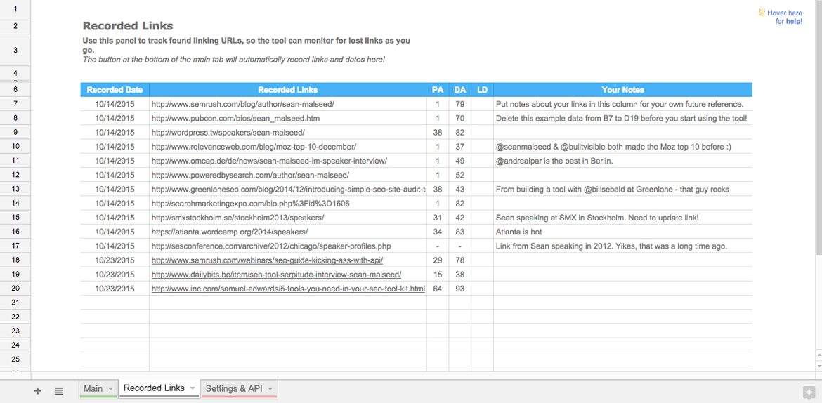 Free link reclamation SEO tool recorded links tab