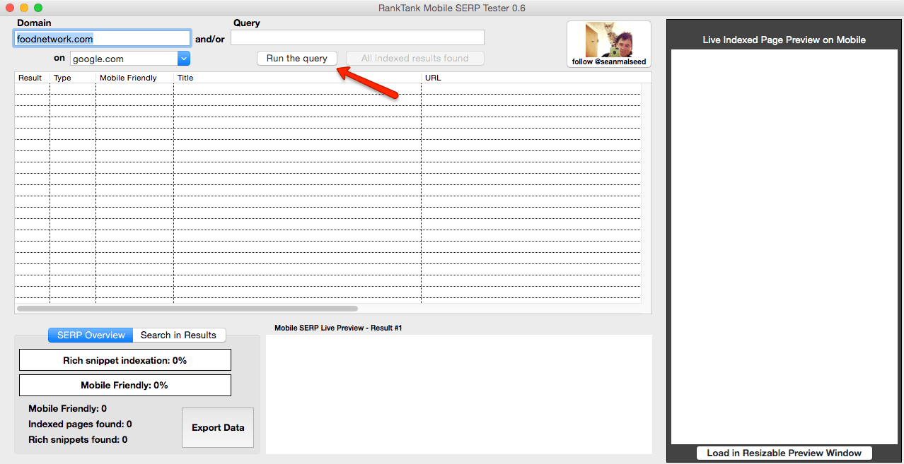 Mobile friendly SERP testing tool run query